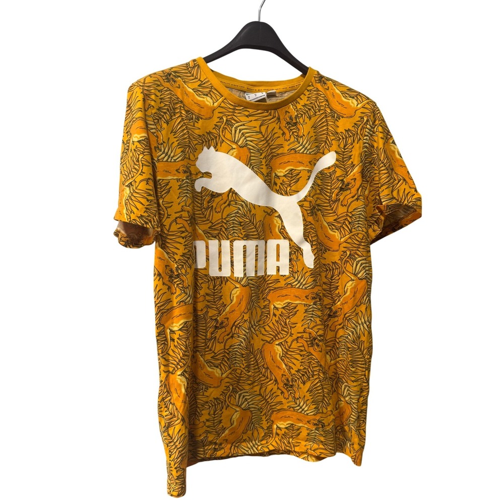 Puma Mens Graphic T-Shirt Orange Yellow Big Cat Tropical Print Size M 596270-25‎